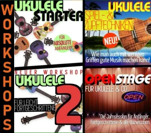 Info-Grafik - Unsere Ukulele Workshops: Ukulele Starter, Ukulele2, Spiel- und Zupftechniken und Open Stage